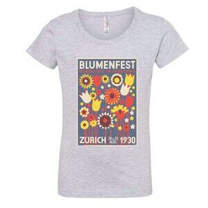 NWT 1930s poster Print Big Girls Gray T-shirt - "Blumenfest"